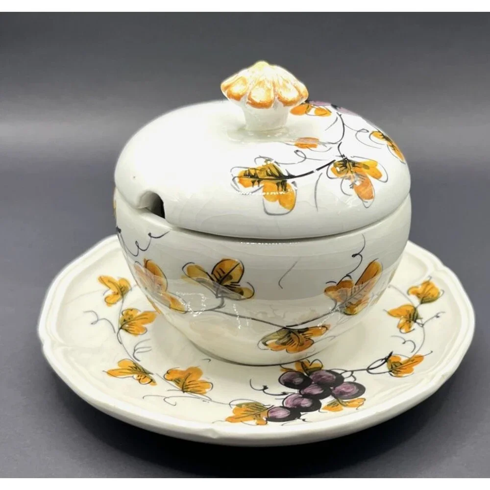 Vtg Italian Apple Shaped Covered Bowl & Saucer Hand Painted Mid-Century